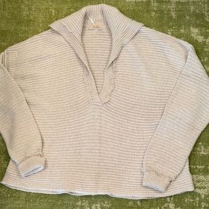 Free People Tan V Neck Collared Sweater XL/1X/2X